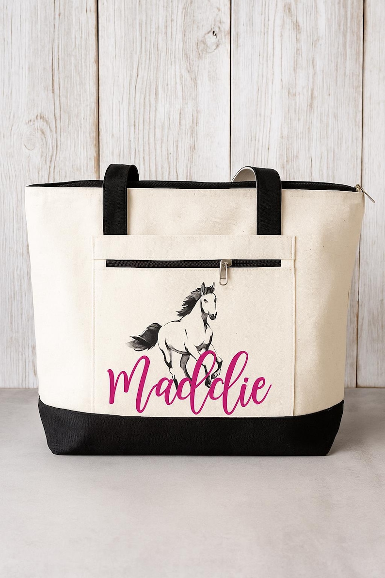 Bolsa de lona personalizada com estampa de cavalo e zíper. Cor-de-rosa