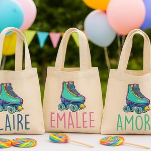 May include: Three beige canvas tote bags with colorful roller skate designs and names: Claire, Emalee, and Amora. The bags have matching handles and are set against a festive outdoor backdrop with balloons and lollipops.