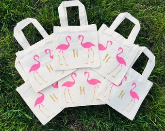 Sacs de cadeaux personnalisés Flamant rose, sacs à friandises en coton Initial, lot de 6