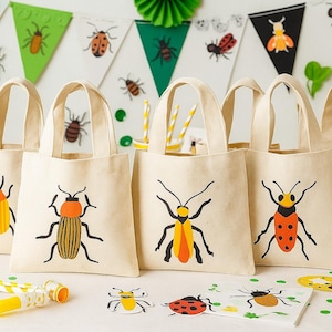 Insect Party Favor Bags - Set of 6 Cotton Canvas Goodie Bags