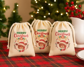 Cotton Canvas Christmas Treat Bags, Reindeer Design
