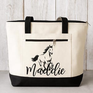 Bolsa de lona personalizada com estampa de cavalo e zíper. Preto