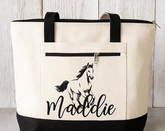 Bolsa de lona personalizada com estampa de cavalo e zíper.