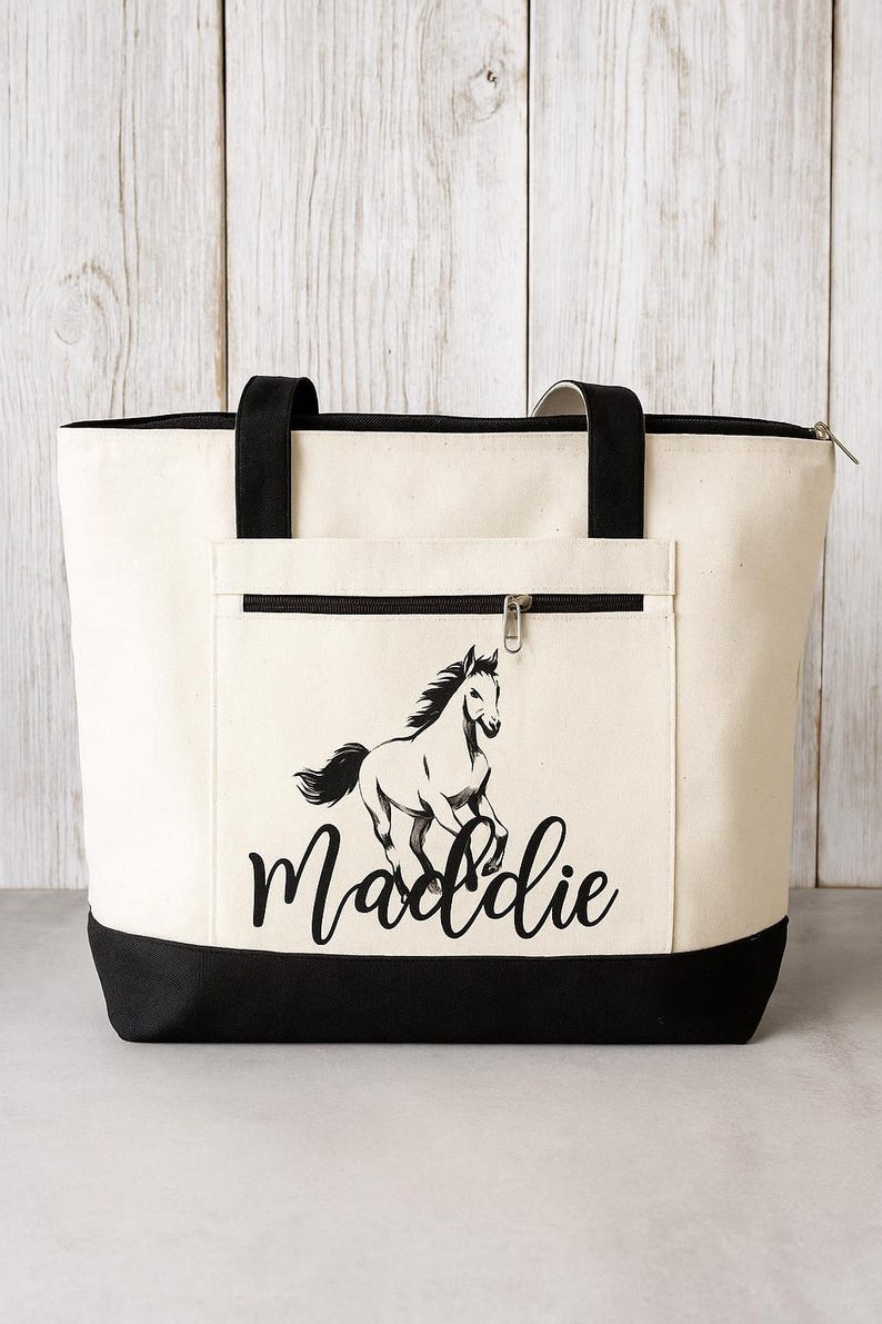 Bolsa de lona personalizada com estampa de cavalo e zíper. Preto