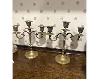 Vintage Brass Candelabra Pair 3 Arm Taper Candle Holders Traditional 9.5 Inch