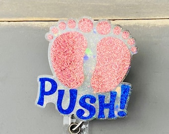 OB Push Badge Reel, Cute Baby Feet Labor and Delivery Badge Holder, Glitter Retractable Badge Reel for Obstetric Nurses