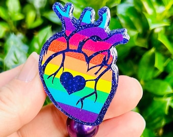 Pride anatomical heart badge reel, LGTBQ glitter badge clip, Nurse Badge holder, Love is Love retractable rainbow ID Holder, Medical Badge