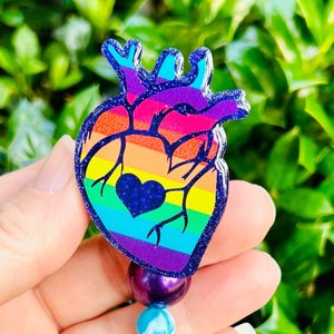 Pride anatomical heart badge reel, LGTBQ glitter badge clip, Nurse Badge holder, Love is Love retractable rainbow ID Holder, Medical Badge