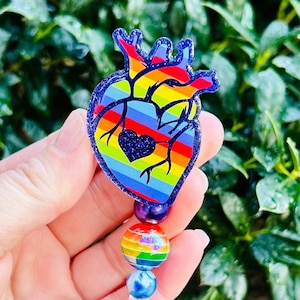 Pride anatomical heart badge reel, LGTBQ glitter badge clip, Nurse Badge holder, Love is Love retractable rainbow ID Holder, Medical Badge