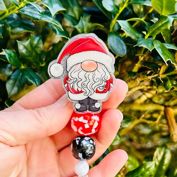 Santa Gnome Badge Reel, Stocking Stuffer, Nurse Gift, Teacher ID Holder, Santa Claus Retractable Lanyard, Office ID Holder, Christmas Badge