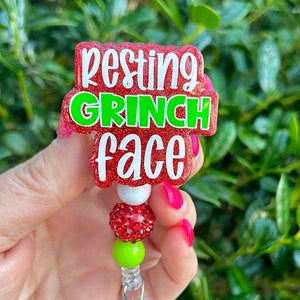 Resting Face Christmas Badge Reel, Gift for Nurse, Server Badge Holder, Retractable Glitter Badge Reel, Office ID Lanyard, RN ID Holder