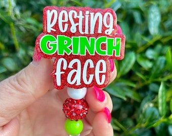 Resting Face Christmas Badge Reel, Gift for Nurse, Server Badge Holder, Retractable Glitter Badge Reel, Office ID Lanyard, RN ID Holder