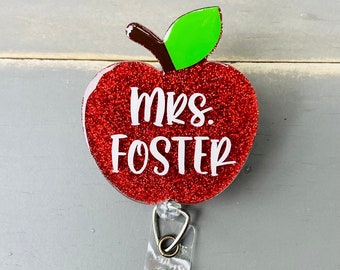 Teacher Badge Reel, Instructor Badge, Professor Badge Holder, Cute Badge Reel, Apple Badge, Red Apple Educator ID Holder, Cute Glitter Badge