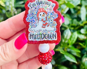 I’m Having a Meltdown Snowman Christmas Badge Reel, Gift for Nurse, Server Badge Holder, Retractable Glitter Badge Reel, Stocking Stuffer