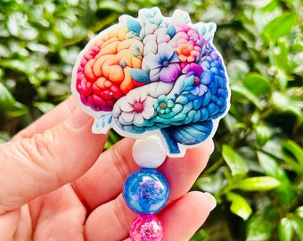 Floral Brain Badge Reel, Neurology Badge Reel, Nurse Badge Reel, Glitter ID Holder, Neuro ICU Badge Reel, Neurologist Gift, Cute Badge Reel