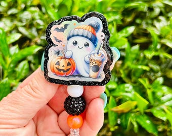 Cute Ghost Pumpkin Coffee Halloween Badge , Gift for her, Nurse Badge, Office ID Lanyard, Teacher Badge Holder, Retractable Holographic ID