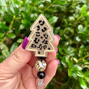Christmas Tree Cheetah Badge Reel, Medical Office Badge Reel, Stocking Stuffer, Nurse Badge Reel, Cute Glitter ID Holder, RN ID Badge Reel