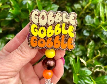 Gobble Glitter Thanksgiving Badge Reel, Nurse ID Holder
