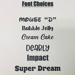 May include: A list of font choices: Mouse "D", Bubble Jelly, Cream Cake, Dearly, Impact, Super Dream.