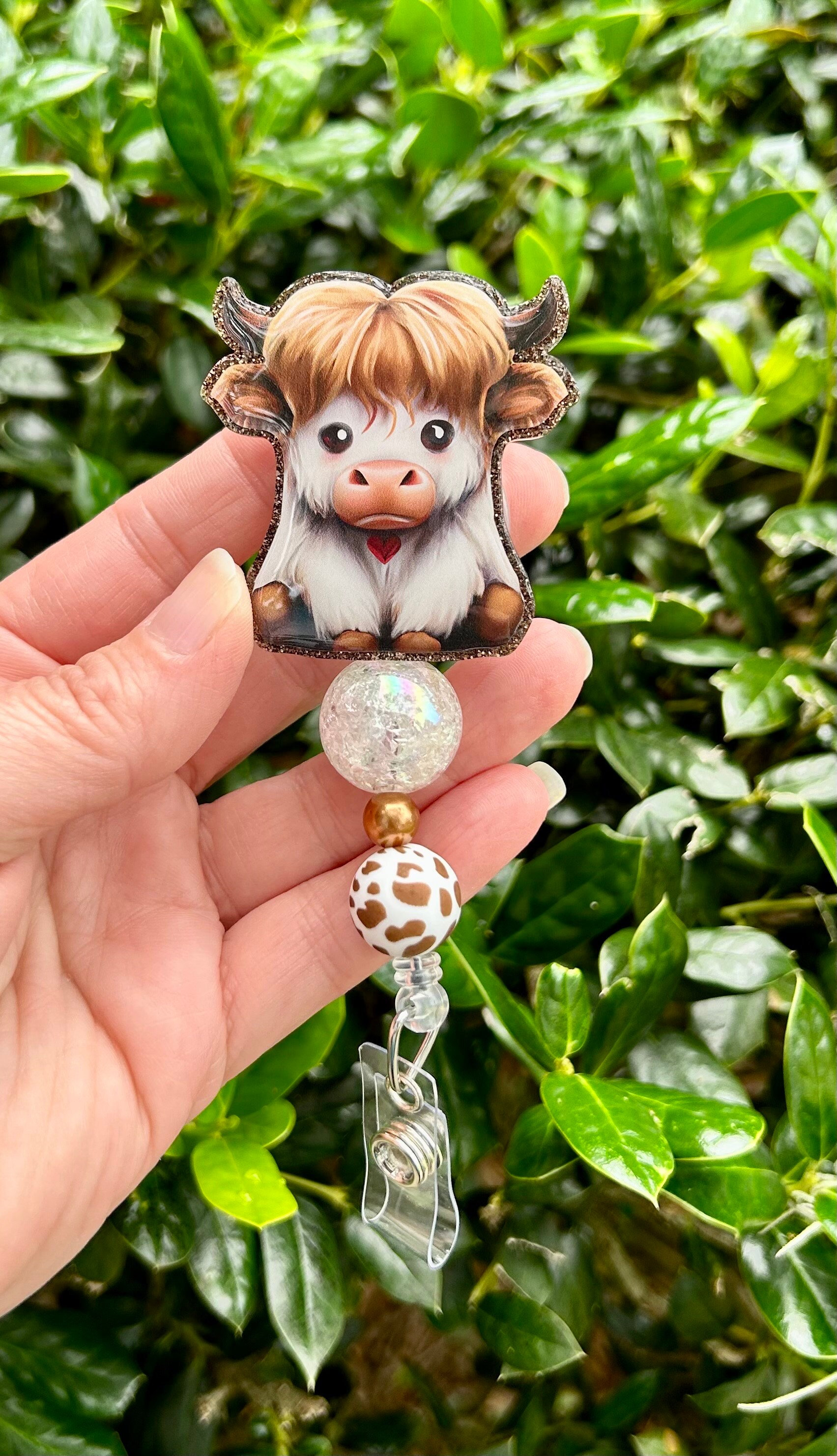 Baby Highland Cow Badge Reel, Cute Glitter Retractable Badge