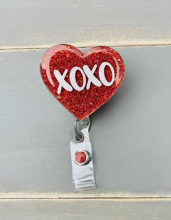Xoxo Valentine Badge Reel, Heart Badge Holder, Retractable Badge Reel, RN  ID Holder, Office ID Lanyard, Nurse Gift, Cute Glitter Badge Reel 