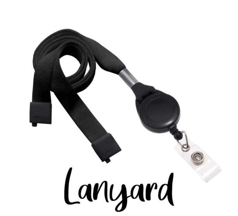 May include: Black lanyard with a retractable reel and a clear plastic badge holder. The lanyard is made of a woven fabric and has a metal clasp. The word "Lanyard" is written in a cursive font.