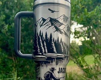 Personalized Mens Fishing 40oz laser engraved Tumbler, Gift for Him, Gift for Dad, Fish tumbler, Travel Cup with Lid and Straw, Fathers Day