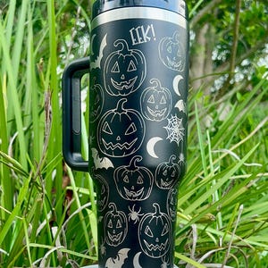 Halloween Pumpkin Spider Bat Laser Engraved 40oz Tumbler, Gift for Her, Gift for him, Tumbler with Handle, Halloween Cup, Black Spooky Gift