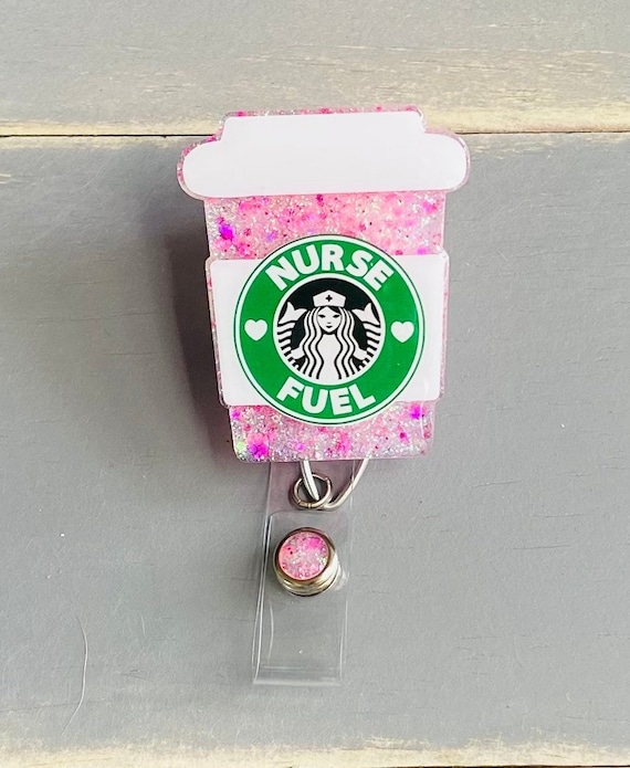 Pink Drink Nurse Fuel Coffee Drink Badge Reel, Cute Glitter Badge