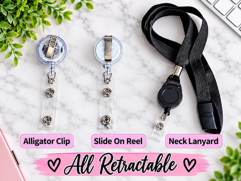 May include: Three retractable badge holders including one with an alligator clip, one with a slide-on reel, and one black neck lanyard. Each features a clear plastic strap with metal snaps. The text All Retractable is displayed at the bottom.