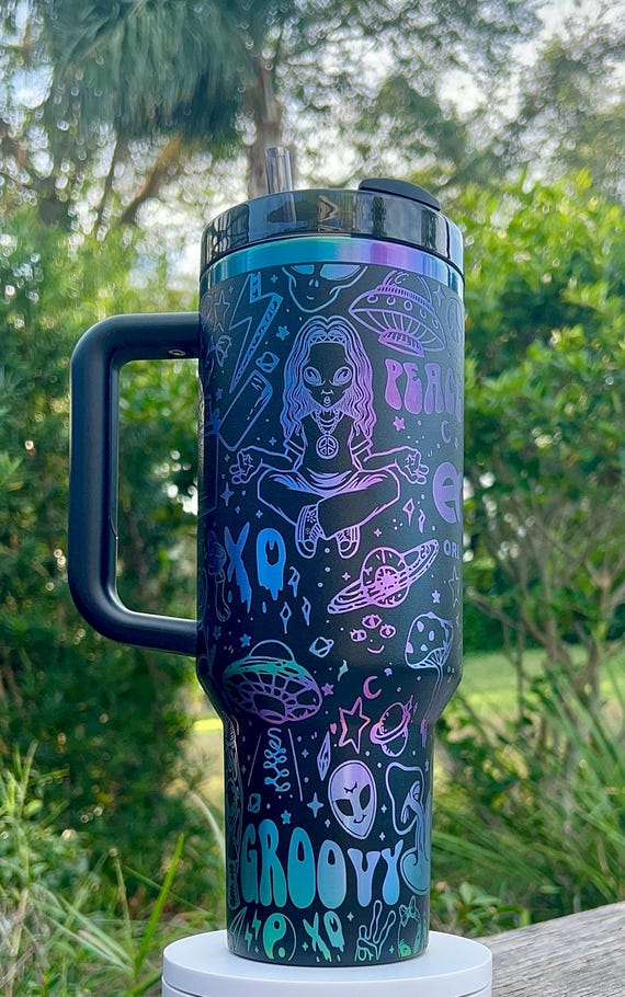 Groovy Alien Peace Good Vibes Mushroom Laser Engraved 40oz Tumbler, Gift for her, 70’s Gift for Bestfriend, Mother’s Day Gift