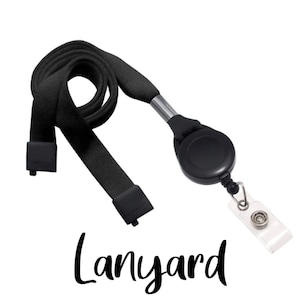 May include: Black retractable lanyard with a black plastic clip and a clear badge holder. The lanyard has a silver metal swivel hook.