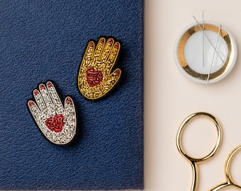 Heart in Hand - Goldwork Hand Embroidered Brooch