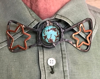 American Iron STEEL BOW TIE, Forged Western, Stars, Copper, Turquoise