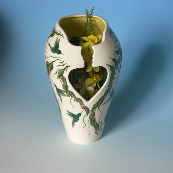 Heart Vase with hummingbirds, handmade one-of-a-kind ceramic artwork, mystical Easter gift, centerpiece sculpture,  EarthDances Pottery