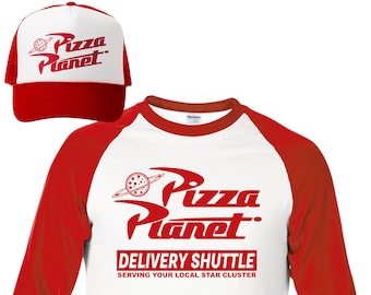 May include: A white and red baseball-style shirt with three-quarter length sleeves and a matching trucker hat. Both items feature the red Pizza Planet logo, with the shirt also displaying the text DELIVERY SHUTTLE SERVING YOUR LOCAL STAR CLUSTER.