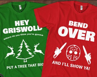 Couples Christmas T-Shirts - christmas vacation movie, hey griswold bend over, ugly tshirts for couples, retro matching christmas shirts