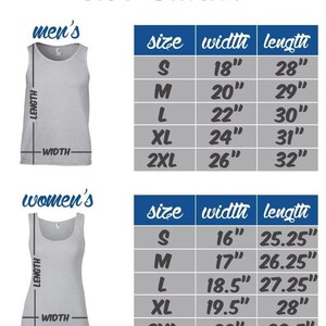 May include: A size chart for tank tops featuring two gray tank top illustrations with length and width labels. Two tables display sizes S through 2XL with corresponding width and length measurements in inches for each garment style.