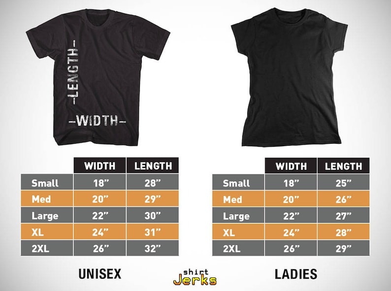 Puede incluir: Tabla de tallas para camisetas unisex y de mujer. La tabla muestra las medidas de ancho y largo en pulgadas para cada talla: Small, Medium, Large, XL y 2XL.