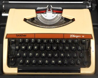 Vintage Brother Charger 12 Portable Typewriter with Instructions, Original Black Case, Nagoya Japan, Brown Beige, Retro Look