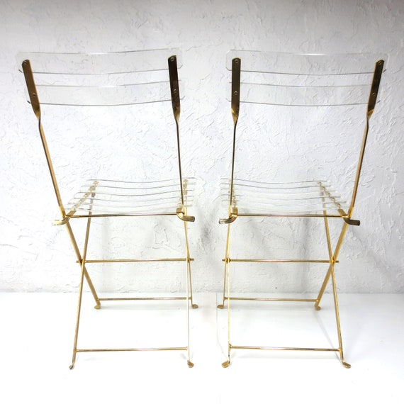 2 Vintage Plexiglass Gold Plated Folding Chairs By Designers Etsy
