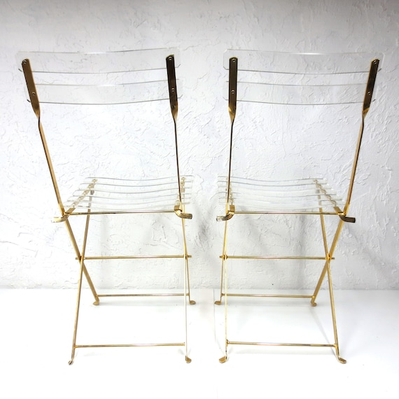 2 Vintage Plexiglass Gold Plated Folding Chairs By Designers Etsy