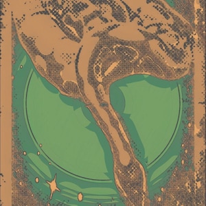 以下が含まれることがあります： 茶色、緑、白のカラーリングの抽象的なアートプリント。プリントは、テクスチャのある表面を持つ渦巻き状の有機的な形をしています。