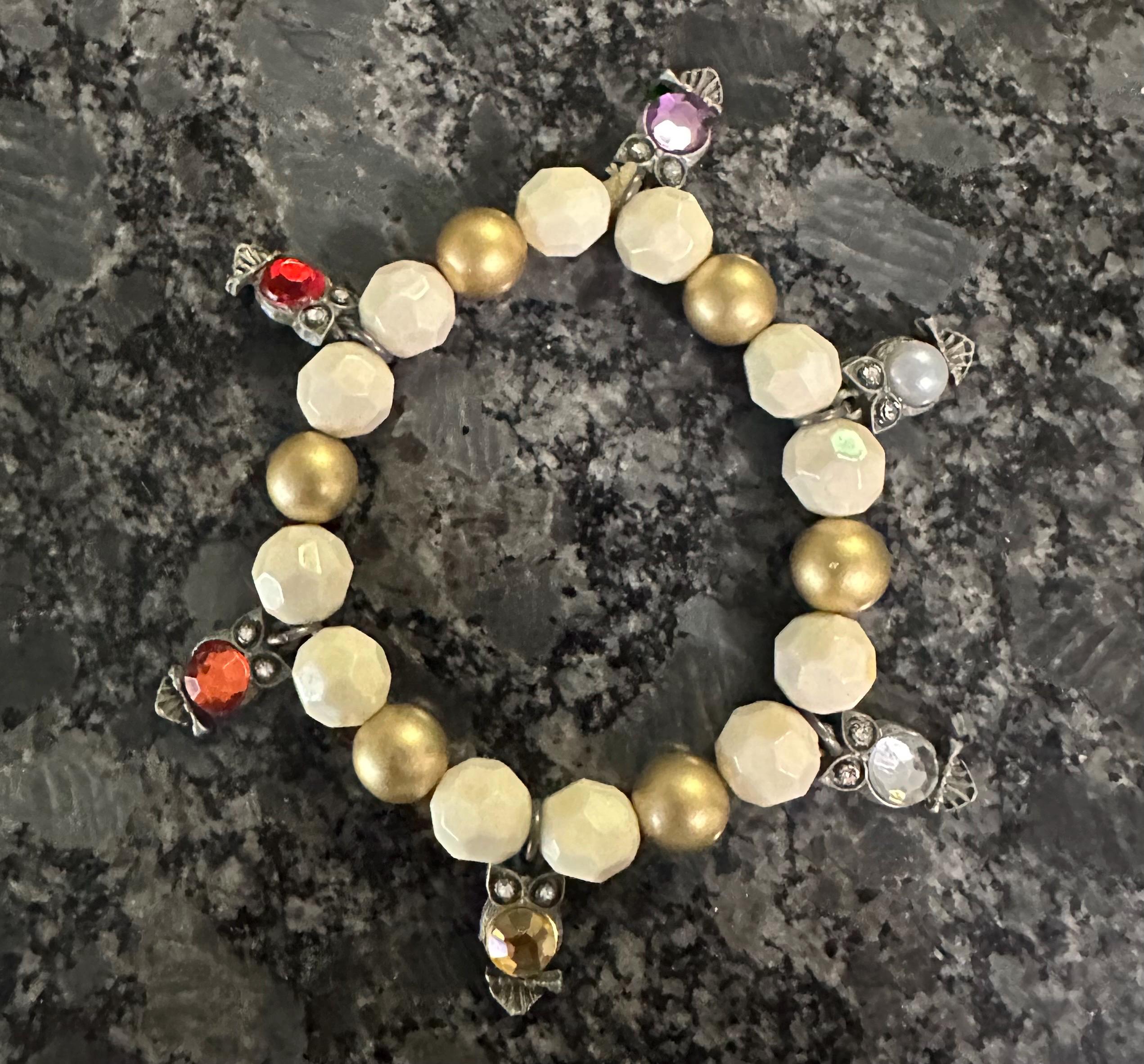Owl Charm Bracelet: Gold & White Beaded Dainty Jewelry