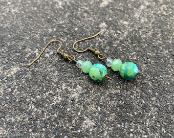 Green beaded earrings, bronze hook earrings, handmade