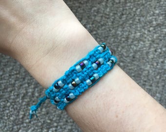 Bright blue hemp beaded macrame bracelet, wide cuff boho style bracelet with metal accents, adjustable bracelet for women