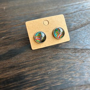 Colorful hippie stud earrings, 12mm glass cabochon earrings, psychedelic art style