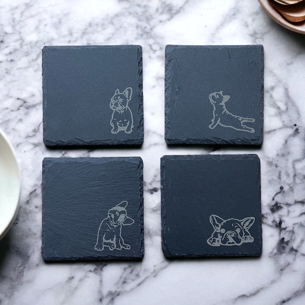 Frenchie gift. French Bulldog coasters, dog slate engraved coasters, Frenchie Mom, Dog Mom, French Bulldog Gift, Birthday Gift