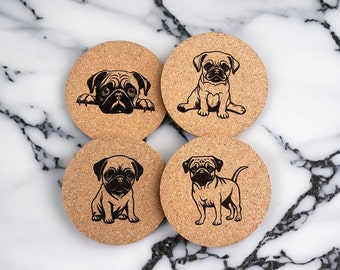 Mops cadeau. Pug onderzetters, hondenonderzetters, kurk gegraveerde onderzetters, Pug moeder, Pug Puppy Gift, Pug Gift, Pug,