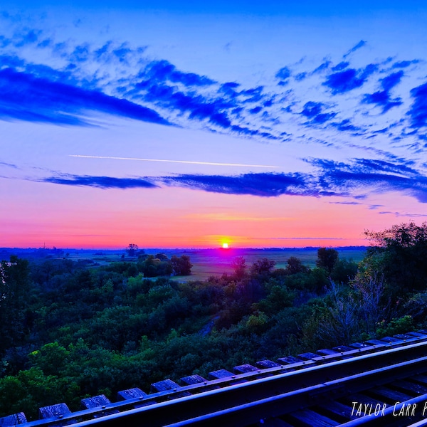 Railway Sunrise Nature Tree Landscape Orange Pink Blue Clouds Land of the Living Sky Train Tracks Saskatoon Photograph Wall Art Print